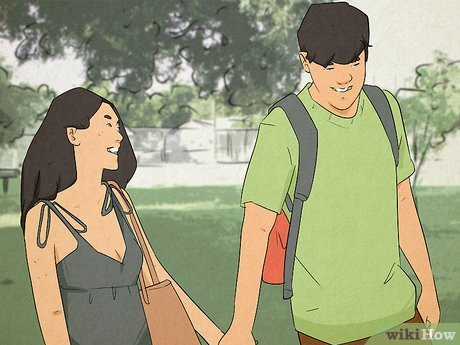 An illustration of a man and a woman holding hands and smiling at each other.