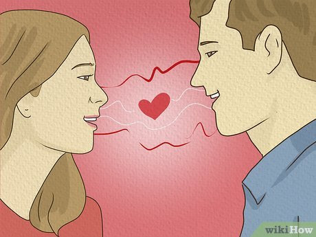 An illustration of 2 people making eye contact with a heart symbol between them.